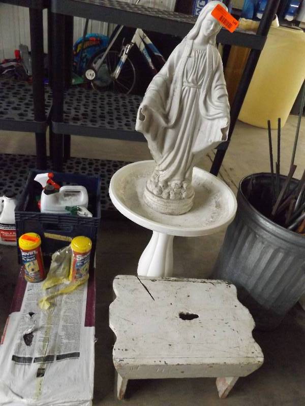 Garden Statue, Bird Bath, Small wooden stool