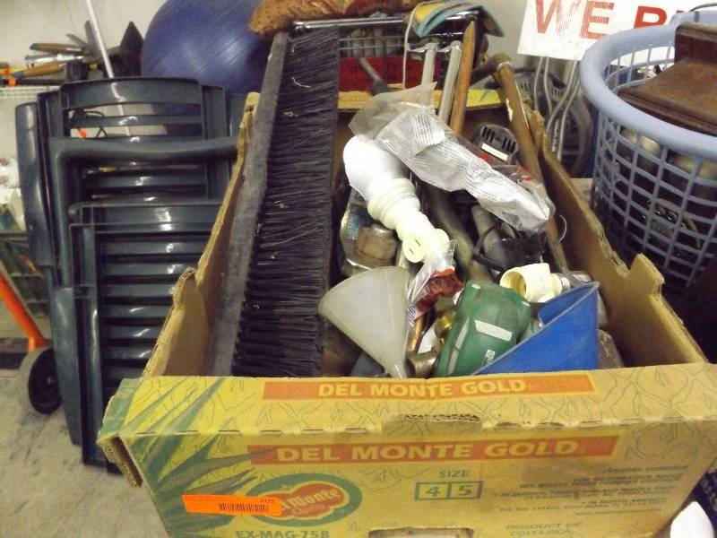 Box including Funnels, Broom Head, Toy Car, Light Fixture Extender, Towing Ball Joint, more