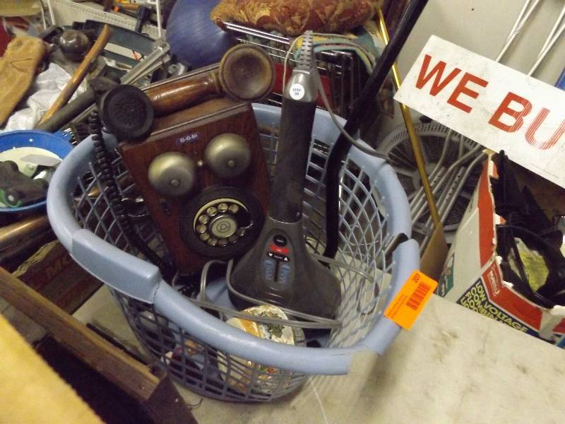 Contents of Basket including Vintage Style Phone, Massager, Glass Bowl with Metal Cover