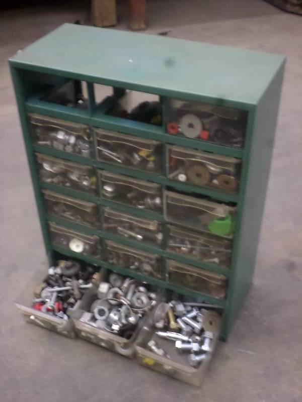 lot 56 image: 16-Drawer Parts Bin Full Of Misc Ha...