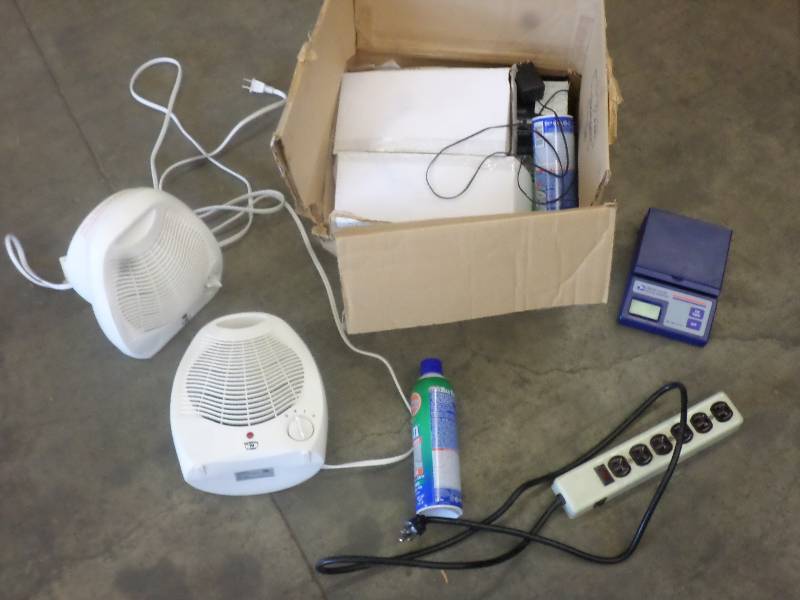 lot 112 image: Box Of Heater Fans, Power Strip, P...