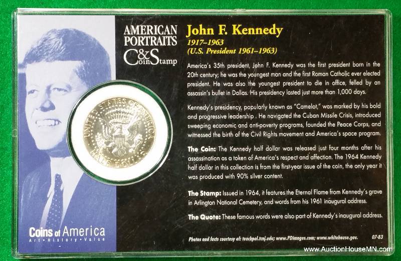 John F. Kennedy 1964 Silver Half Dollar and .05 Cent Stamp