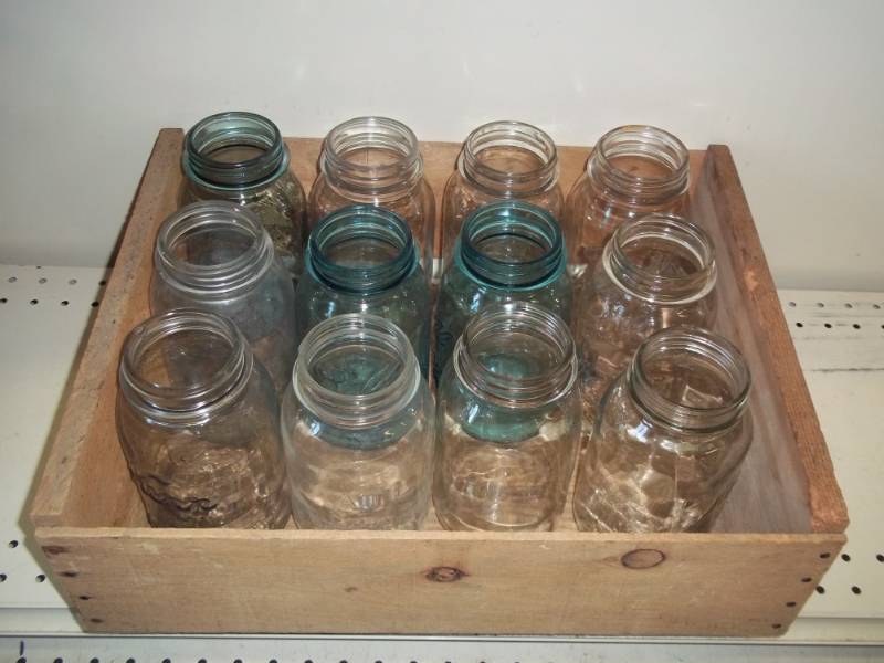 lot 52 image: Lot of 12 Canning Jars with wood crate