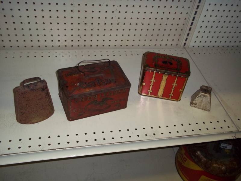 lot 109 image: Vintage tins and vintage bells