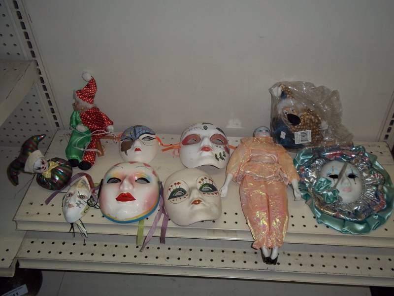 lot 129 image: Ceramic masks, dolls and puppet