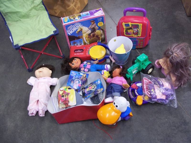 lot 147 image: Large lot of kids toys including Dora and kids folding chair