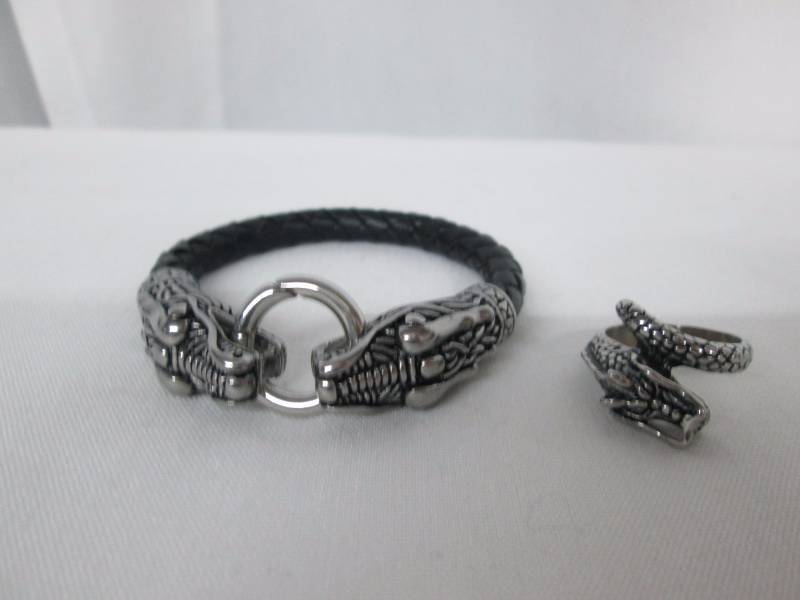 Mens Stainless Steel Dragon Bracelet & Ring Set