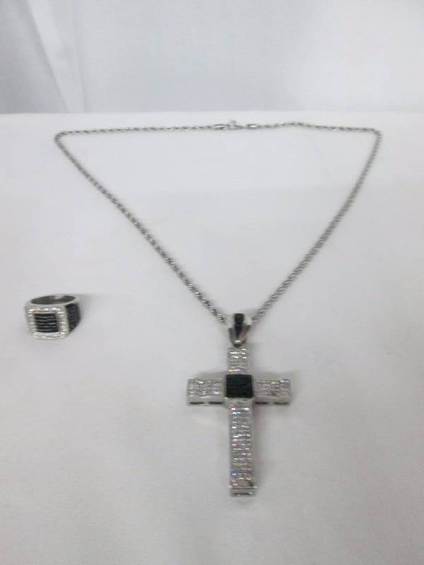 Stainless Steel Crystal Cross Pendant & Ring Set