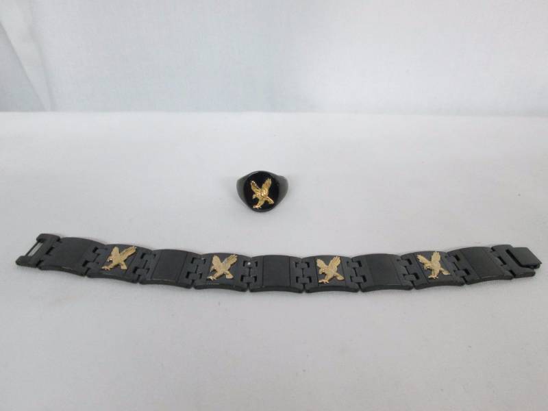 Black & Goldtone Steel Eagle Bracelet & Ring Set