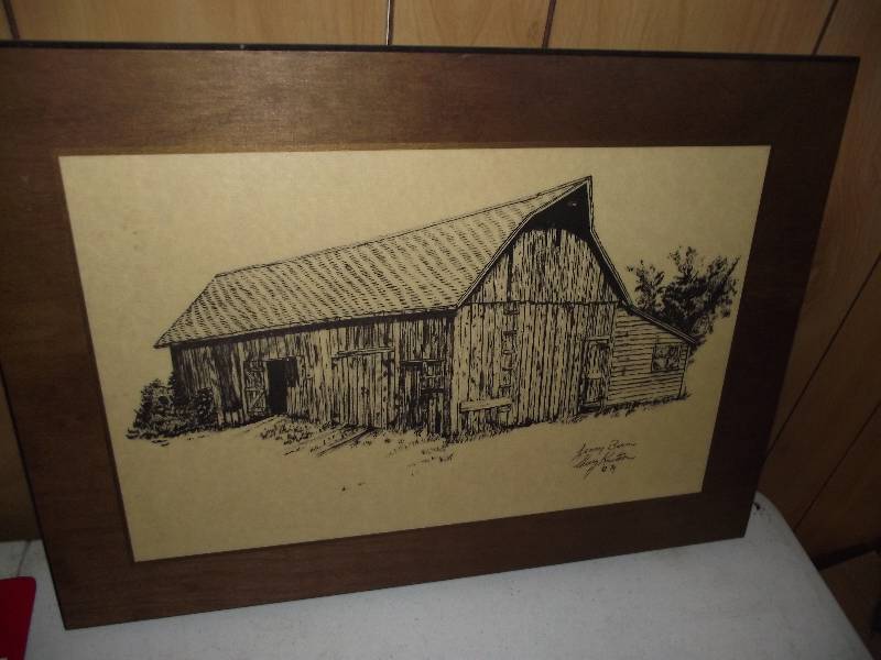 lot 13 image: �Jenny Barn� by Sherry Knutson �79, wood plaque, 20�x14�