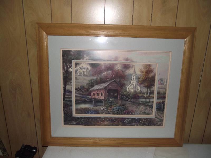 lot 25 image: Church and Wooden Bridge picture by Carl Valente, double matted, framed,