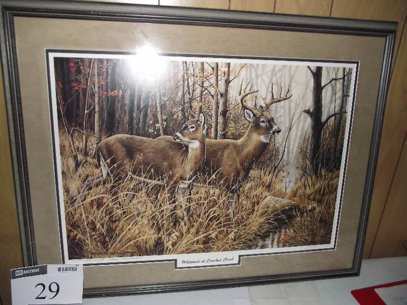 lot 29 image: 159950 � �Whitetail at Crooked Creek� by Michael Glenn Monroe, matted, framed, resigned