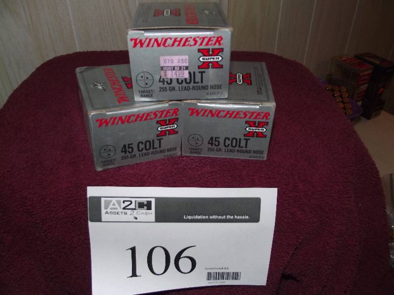 lot 106 image: 3 boxes 20 each of Winchester 45LC 255 gr. Lead rd. nose