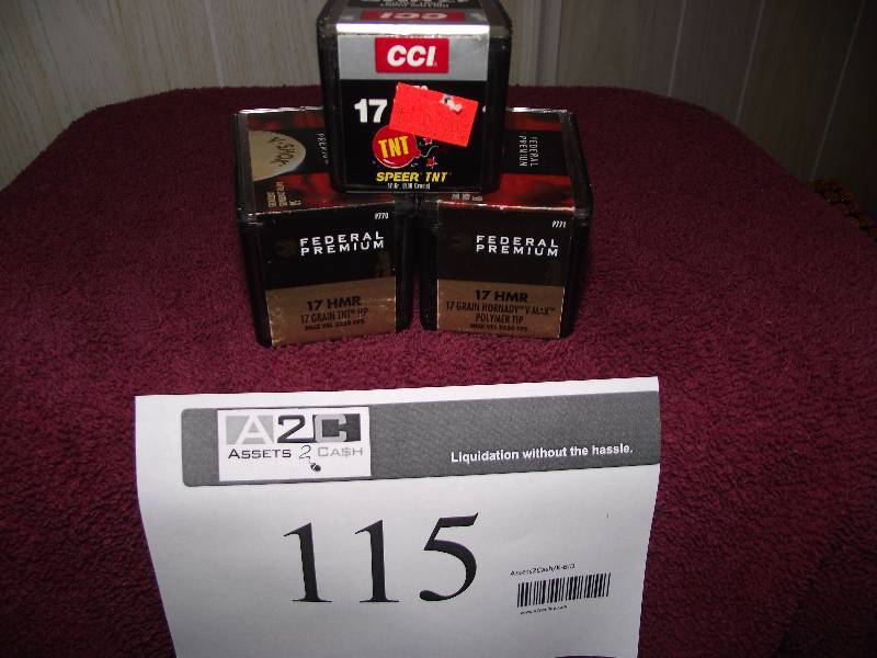 lot 115 image: 17 HMR 3 boxes 50 rd each of CCI 17gr, 1 box of 50 Federal TNT HP and 50 Federal V-Max