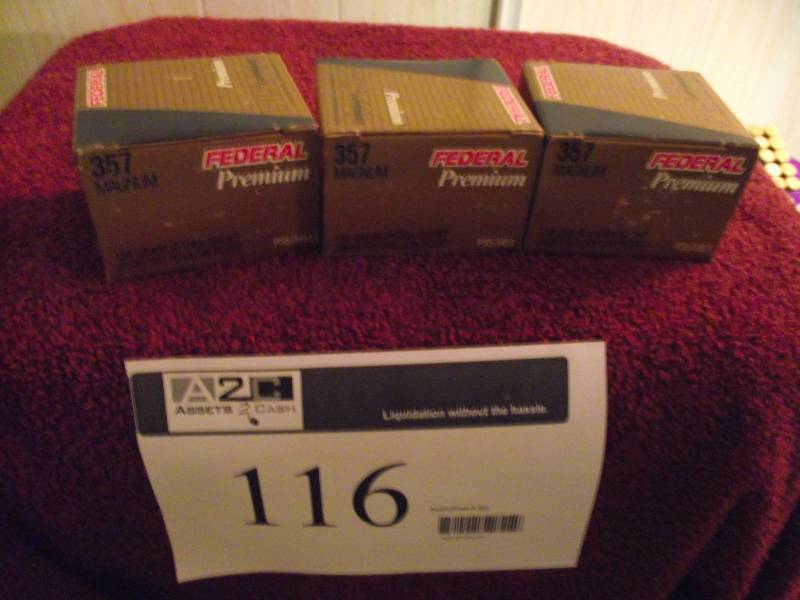 lot 116 image: 357 magnum 3 boxes 20 each Federal Premium 158 gr. Hydra Shock JHP