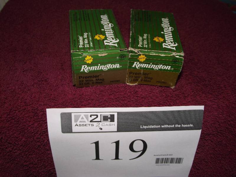 lot 119 image: Remington 2 boxes of 50 each 22 magnum Premier 33 gr V-Max