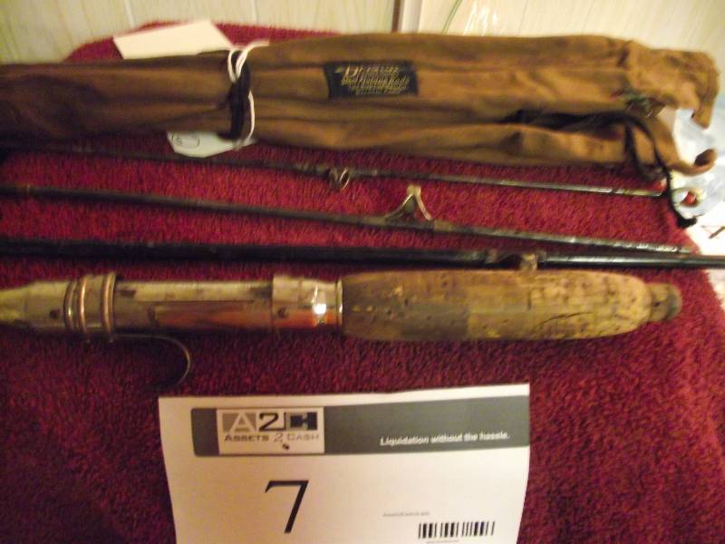 lot 7 image: 4 piece Samson Steel Pack Rod by Union Hardware Co. Torrington, Conn. 1 eye broken, in linen case made by Bristol, Horton Mfg., Bristol, Conn.