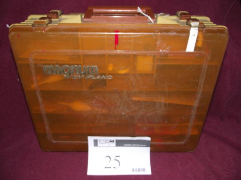 lot 25 image: Plano 2 sided magnum tackle box with tackle.