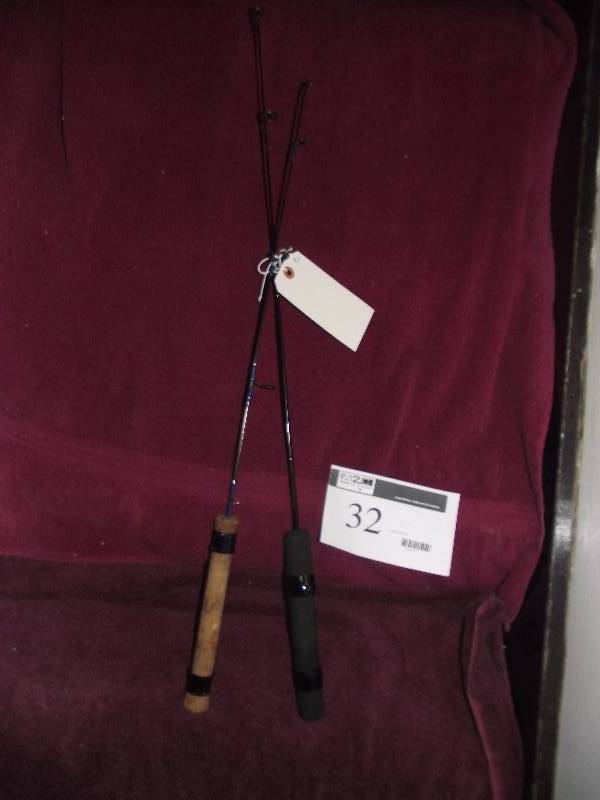 lot 32 image: 2 ice fishing rods. 1 Berkley Roughneck and 1- unknown.