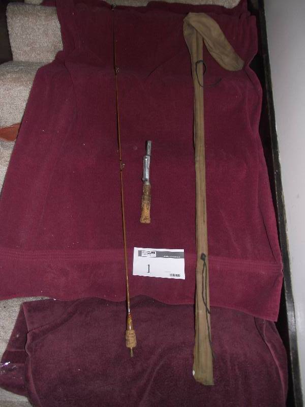 lot 1A image: Gephart Mfg. Co.  Square tapered steel casting rod 53in. long with linen case.