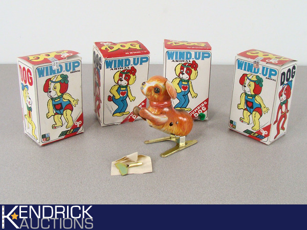4 Vintage Tin Wind-Up Jumping Dog Toys in Boxes