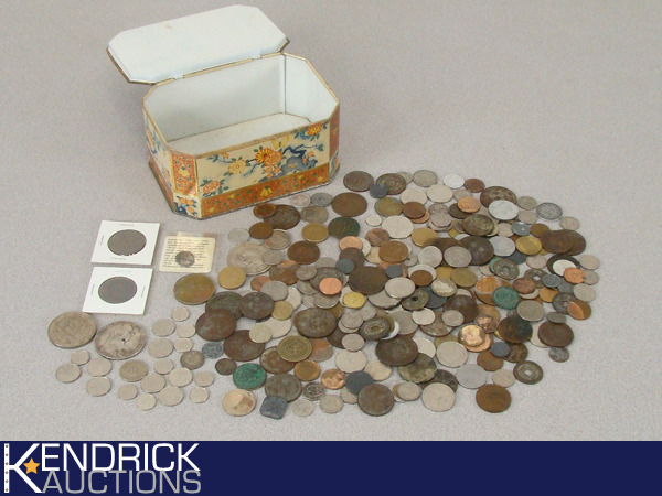 150 Foreign Coins in Metal Box