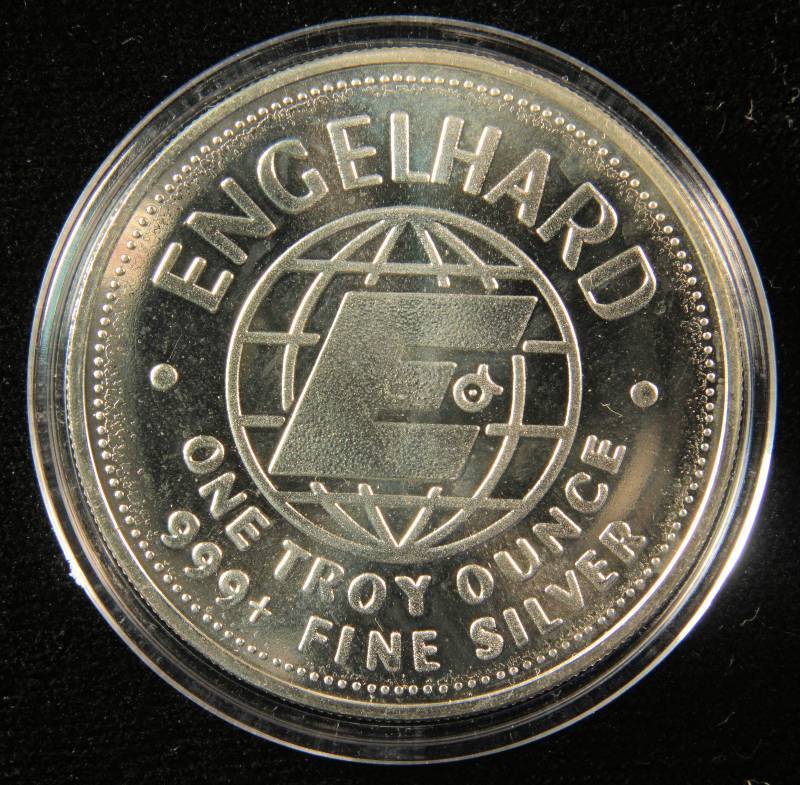lot 37 image: 1 TROY OZ. .999 FINE SILVER ENGELHARD THE AMERICAN PROSPECTOR ROUND 1984 IN AIRTITE HOLDER