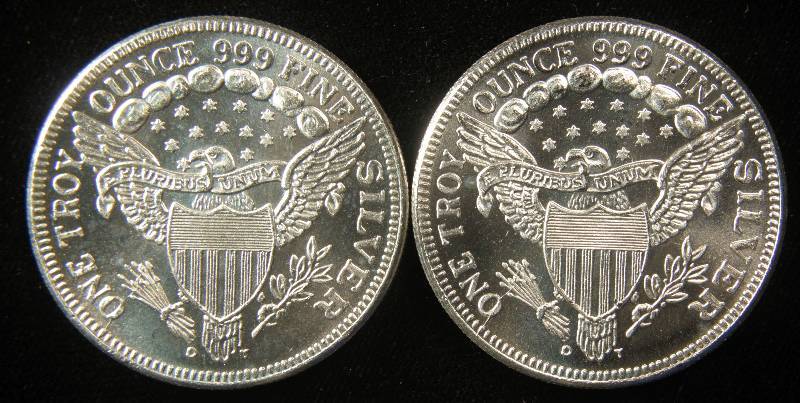 lot 85 image: QUANTITY 2 -1 TROY Oz. .999 FINE SILVER ROUND DRAPED BUST STYLE 2 TROY OZ. SILVER TOTAL