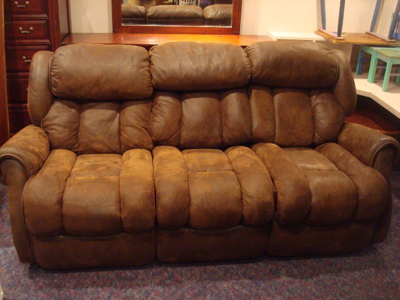 lot 7 image: Theater Style Recliner Couch, Brown Faux Leather, Used, Has Spot