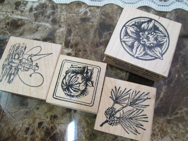 Qty 4 rubber stamps fishing man, pu...