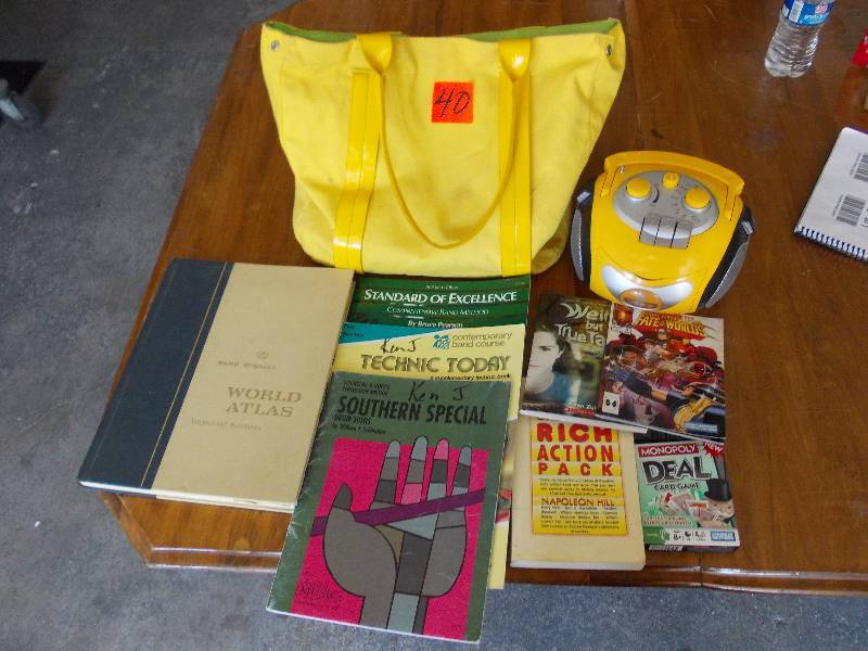 lot 40 image: Small Boom Box, World Atlas, Music Book, Monopoly Game