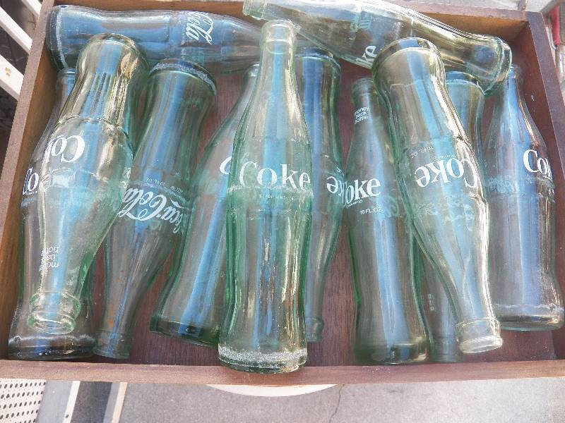 Wood drawer & 11 coke bottles