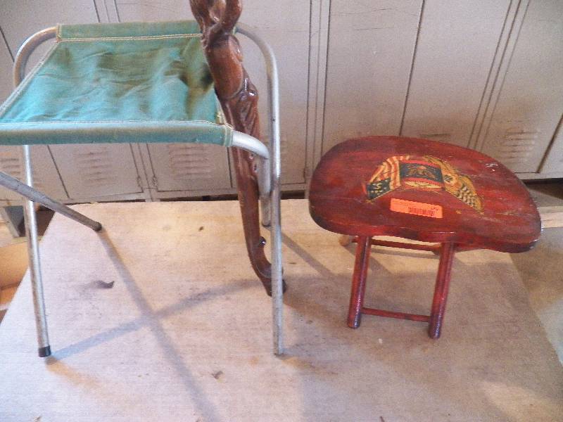 2 folding stools carved wood leg