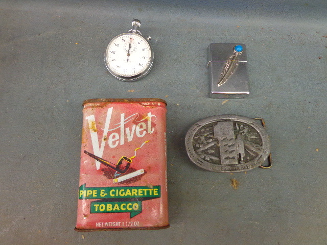 Pipe Tobacco Tin Stop Watch, Zippo and Belt Buckle