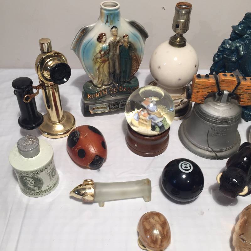 VARIETY- PERFUME BOTTLES, DECANTER, CLOCK, COIN BANKS