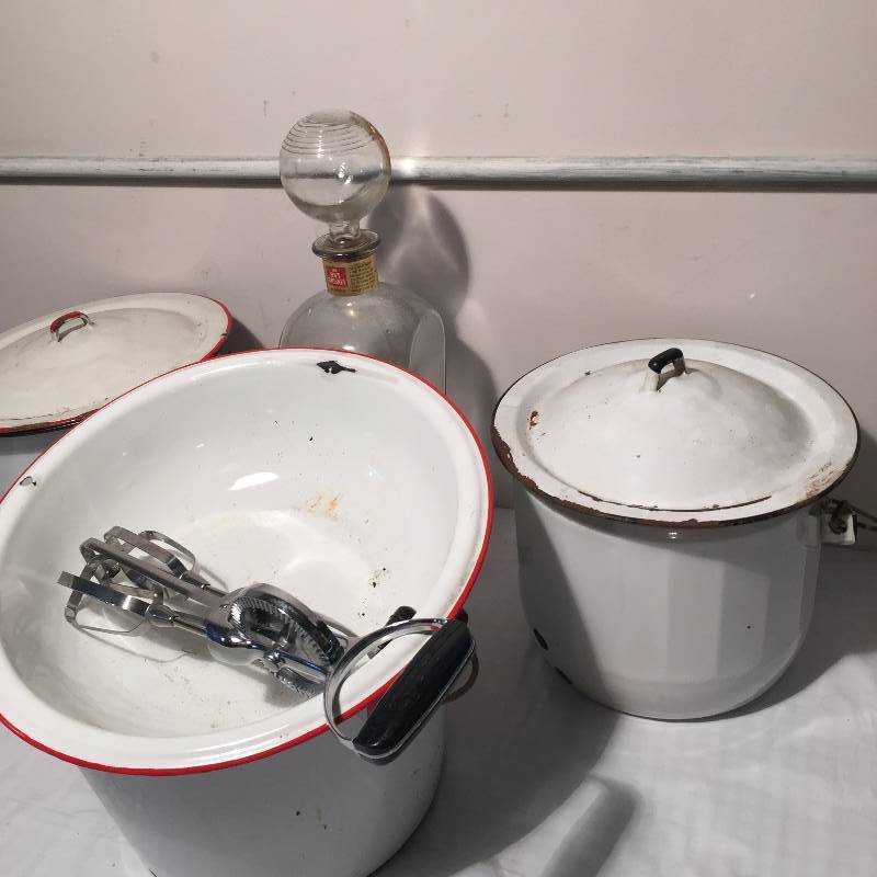 VINTAGE ENAMEL POTS, EGG BEATER, AND MORE