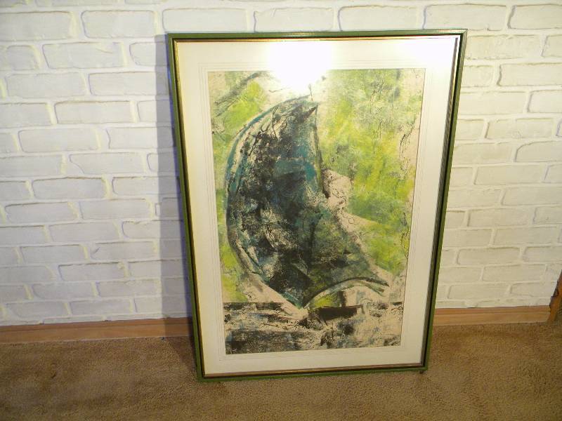 lot 20 image: Green motif framed Art