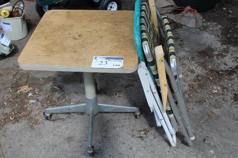 lot 23 image: Lot of (3) Including Folding Lawn Chairs (2) Table wMetal Base, 22 x 22 x 26.