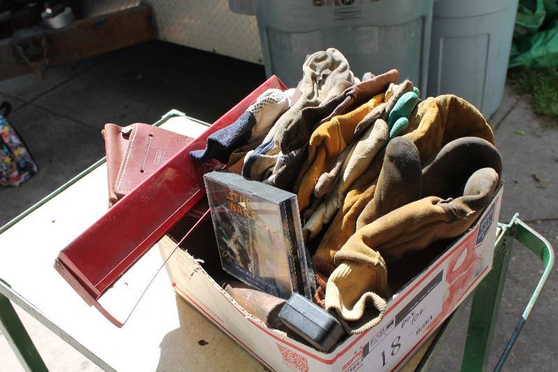 lot 18 image: Box Lot of Tools Including Screw Drivers Hammer Adjustable Wrench Work Gloves And More.