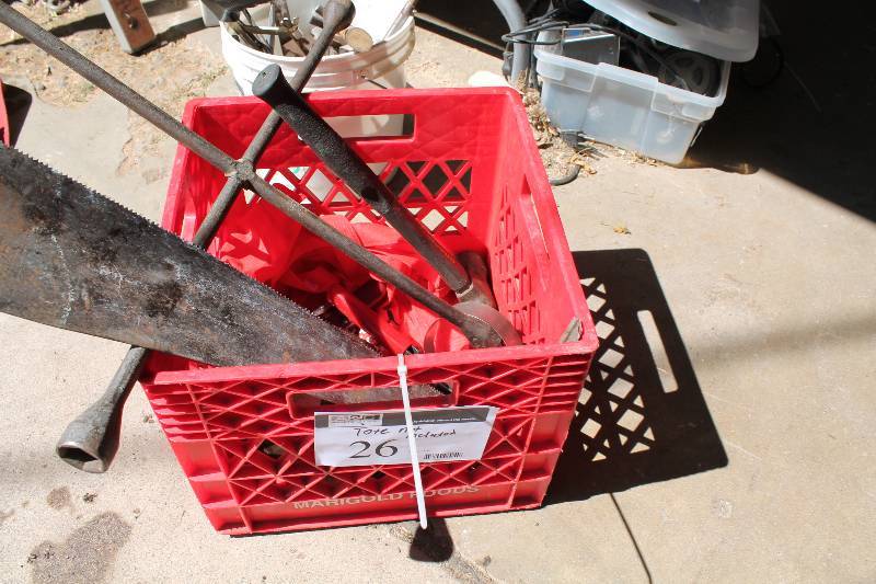 lot 26 image: Tote Lot Including Saw Tire Iron Hammer And More Does Not Include Tote.