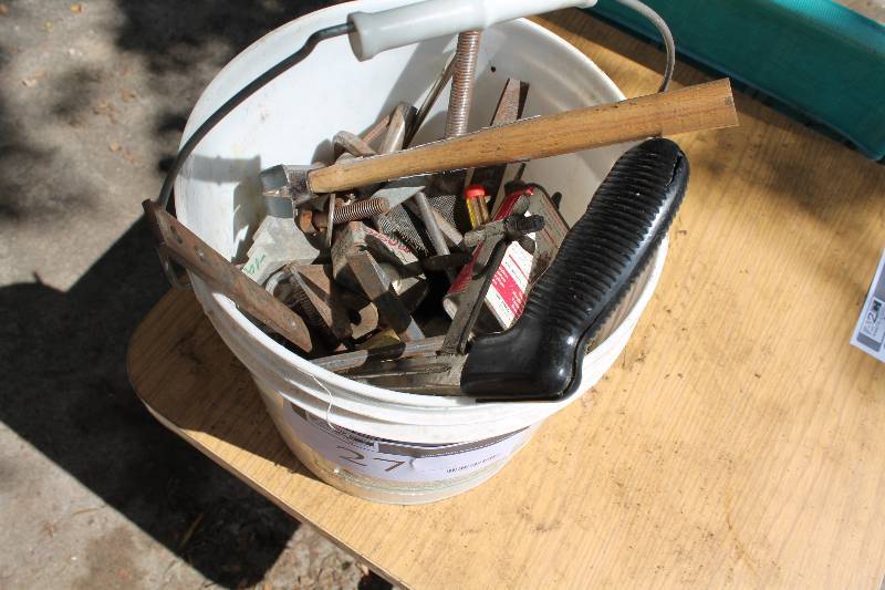 lot 27 image: Bucket Lot Including Hand Saw Wooden Dowel Screw Driver And More.