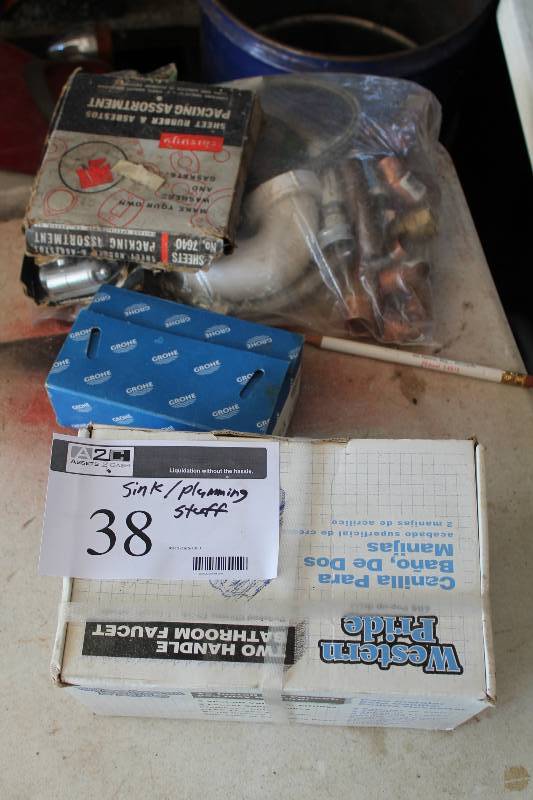 lot 38 image: Sink & Plumbing Lot Including Weston Pride Two Handle  Bathroom Faucet Metal Pipe PVC Pipe And More.