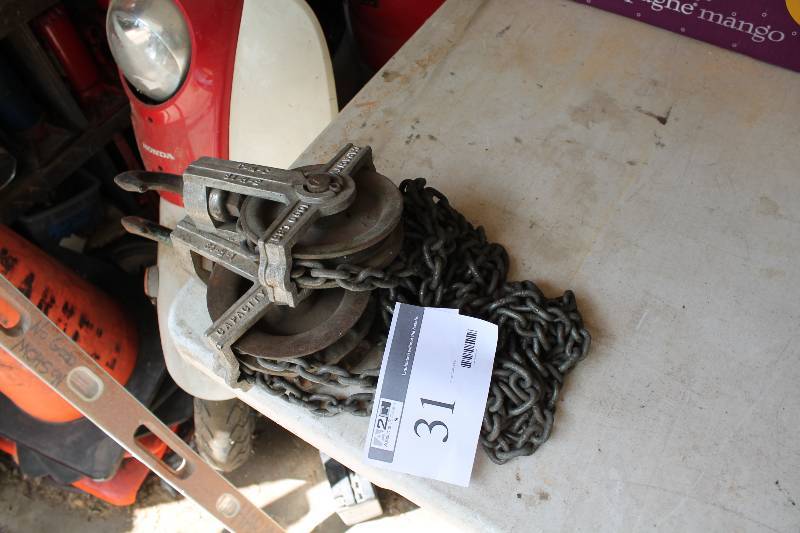 lot 31 image: Heavy Duty Pulleys wChain Attachment & Overhead Hooks For Hanging.