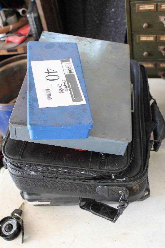 lot 40 image: Table Lot of Empty Cases Including Carrying Bag Case wDivider Metal Case wLatches And More.