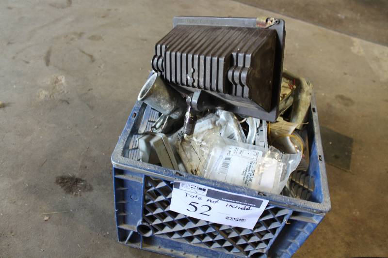 lot 52 image: Tote Lot Including Halogen Light Fixture Light Fixture Miscellaneous Hardware And More Tote Not Included.