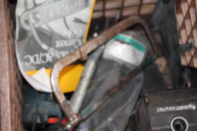 lot 73 image: Tote Lot Including Electric Power Drill Tool Bag wStrap Hand Saw And More Tote Not Included.