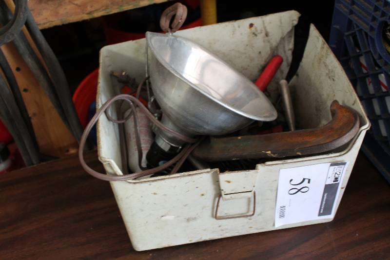 lot 58 image: Box Lot Including Metal Light Fixture wCord Vise Grip wFlat End Metal Clamp And More.
