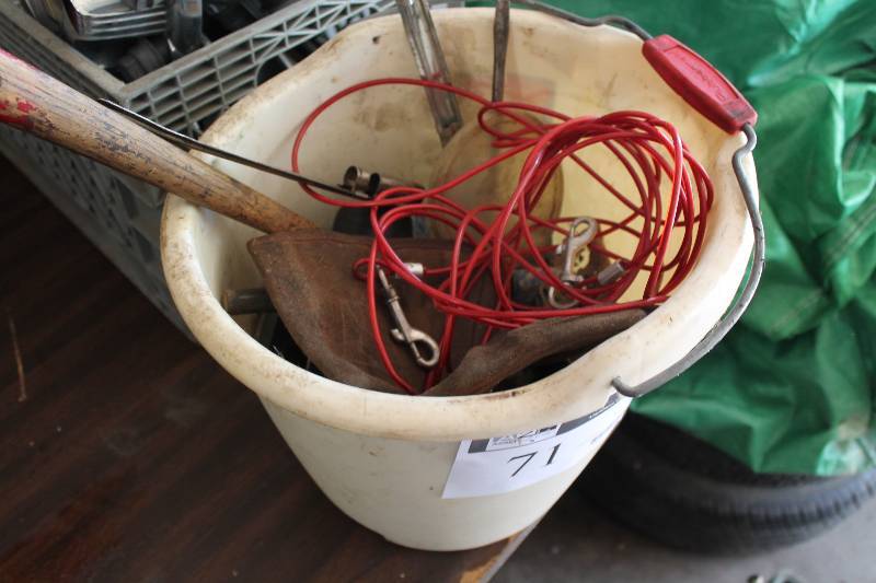 lot 71 image: Bucket Lot Including Rubber Mallet Metal Hardware Metal Wrench And More.