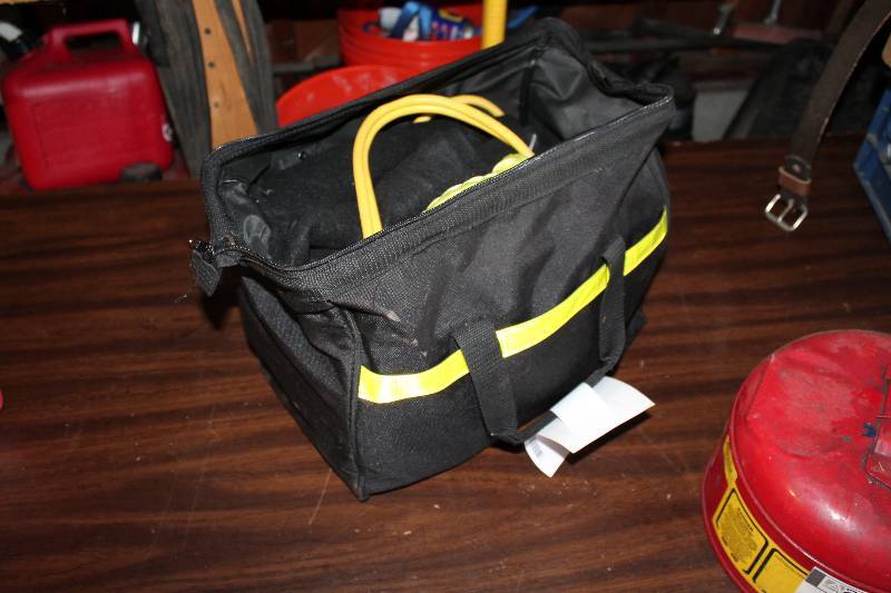lot 62 image: Life Pack Tool Bag Lot Including Rope wHook Ends Jumper Cables And More.