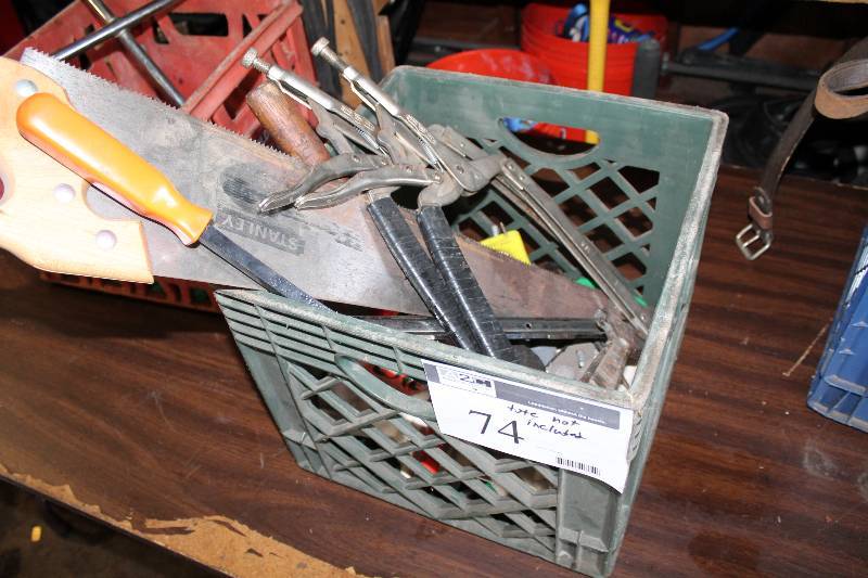 lot 74 image: Tote Lot Including Metal Saw Measuring Tape Metal Grips And More.